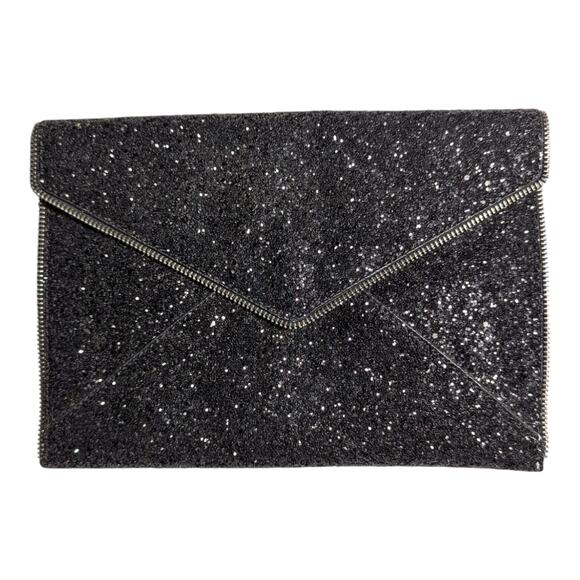 Rebecca Minkoff Leo Black Glitter Embellished Magnetic Envelope Clutch Bag - Picture 1 of 7